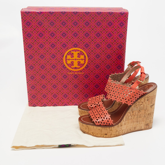 Tory Burch Orange Perforated Leather Daisy Cork Wedge Sandals Size 37 - Picture 8 of 8